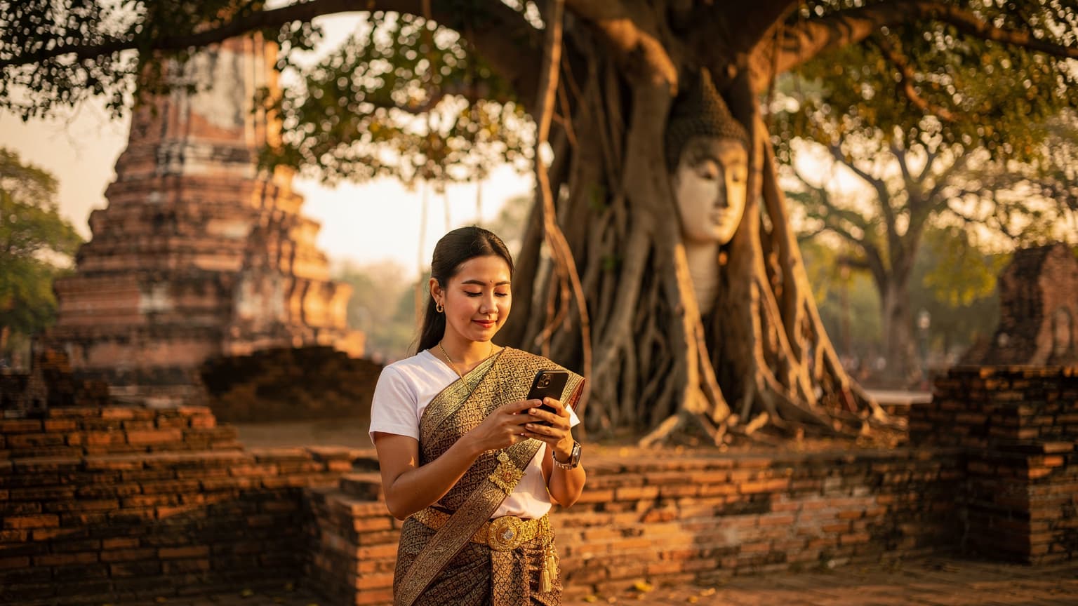 หญิงสาวกำลังสวมชุดไทยยืนมองเจดีย์โบราณภายในวัดแห่งหนึ่งในจังหวัดพระนครศรีอยุธยาช่วงเย็น พร้อมถือสมาร์ทโฟนในมือเพื่อถ่ายรูป