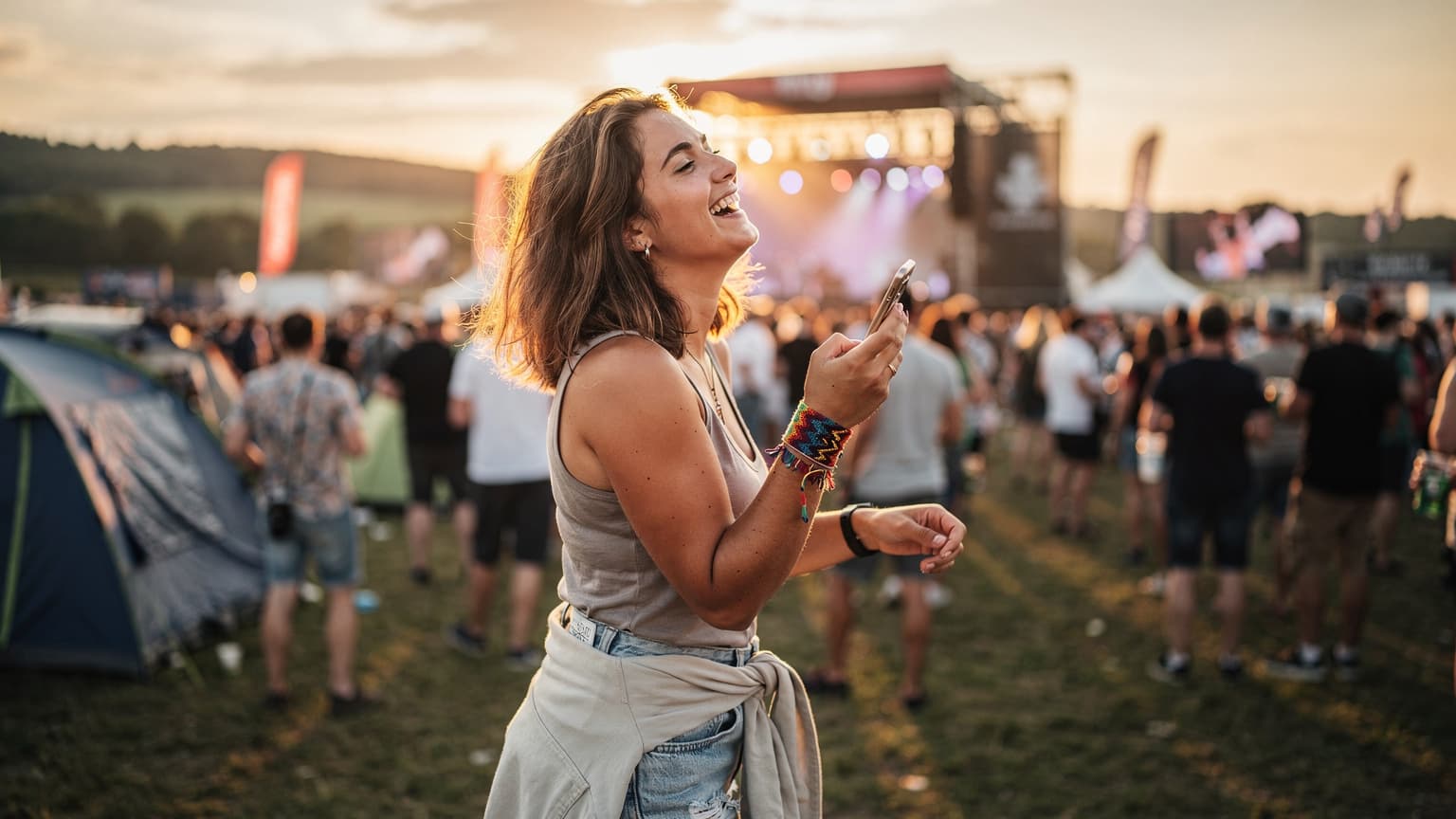Eine junge Frau lacht ausgelassen, während sie ihr Smartphone bei Sonnenuntergang auf einem belebten Festivalgelände in Mendig, Rheinland-Pfalz, hält.