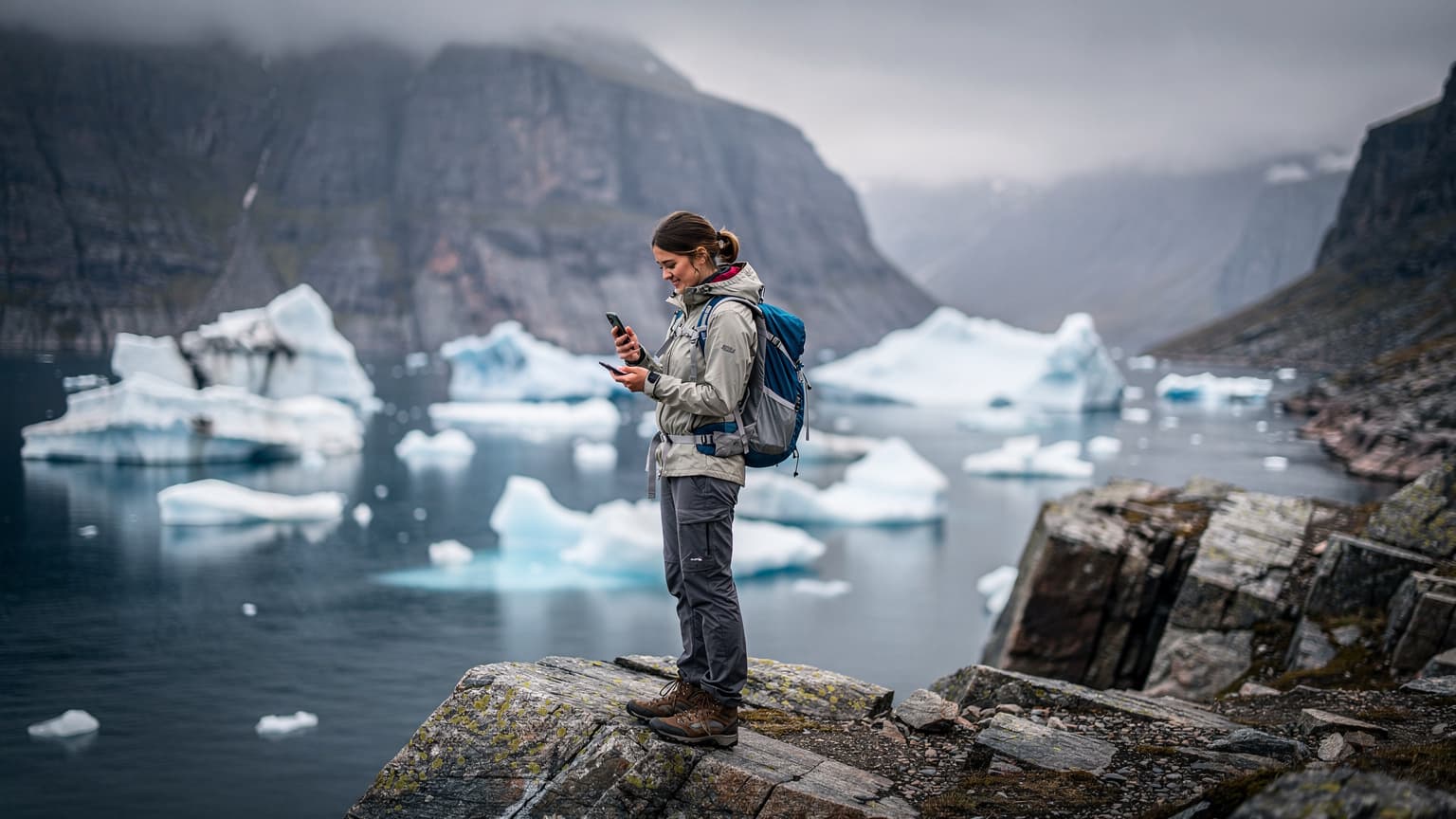 En kvinde i varmt tøj står på en klippe med udsigt over en fjord fyldt med isbjerge i Grønland, mens hun holder sin smartphone i hånden.