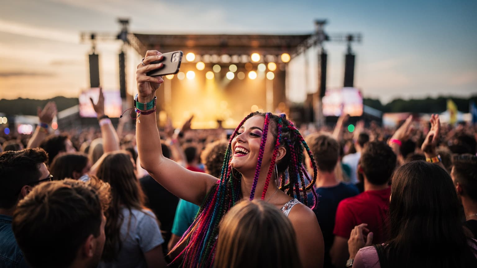 En ung kvinna med färgglada flätor dansar glatt på en europeisk musikfestival i skymningen, med tusentals människor och en upplyst scen i bakgrunden. Hon håller sin smartphone uppe för att fånga ögonblicket.
