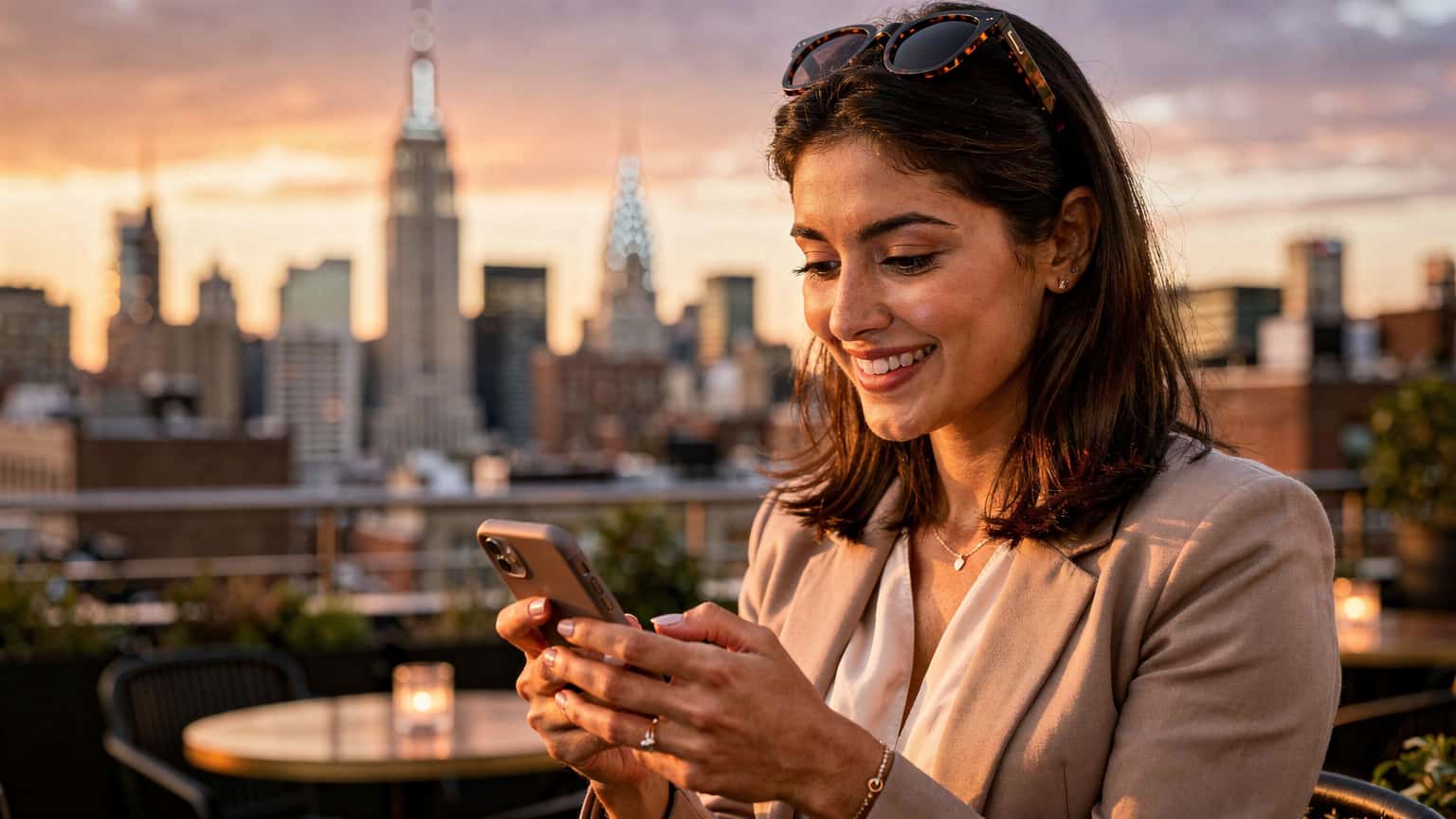 Una viaggiatrice italiana sorride mentre naviga sul suo smartphone, con lo skyline iconico di Manhattan, New York, visibile sullo sfondo al tramonto.