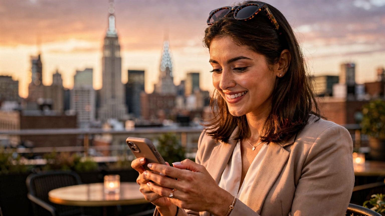 Una viaggiatrice italiana sorride mentre naviga sul suo smartphone, con lo skyline iconico di Manhattan, New York, visibile sullo sfondo al tramonto.