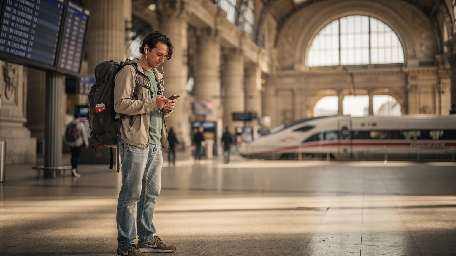 Un viaggiatore con uno zaino controlla il suo telefono in una stazione ferroviaria affollata di Milano, con un treno ad alta velocità in partenza sullo sfondo.