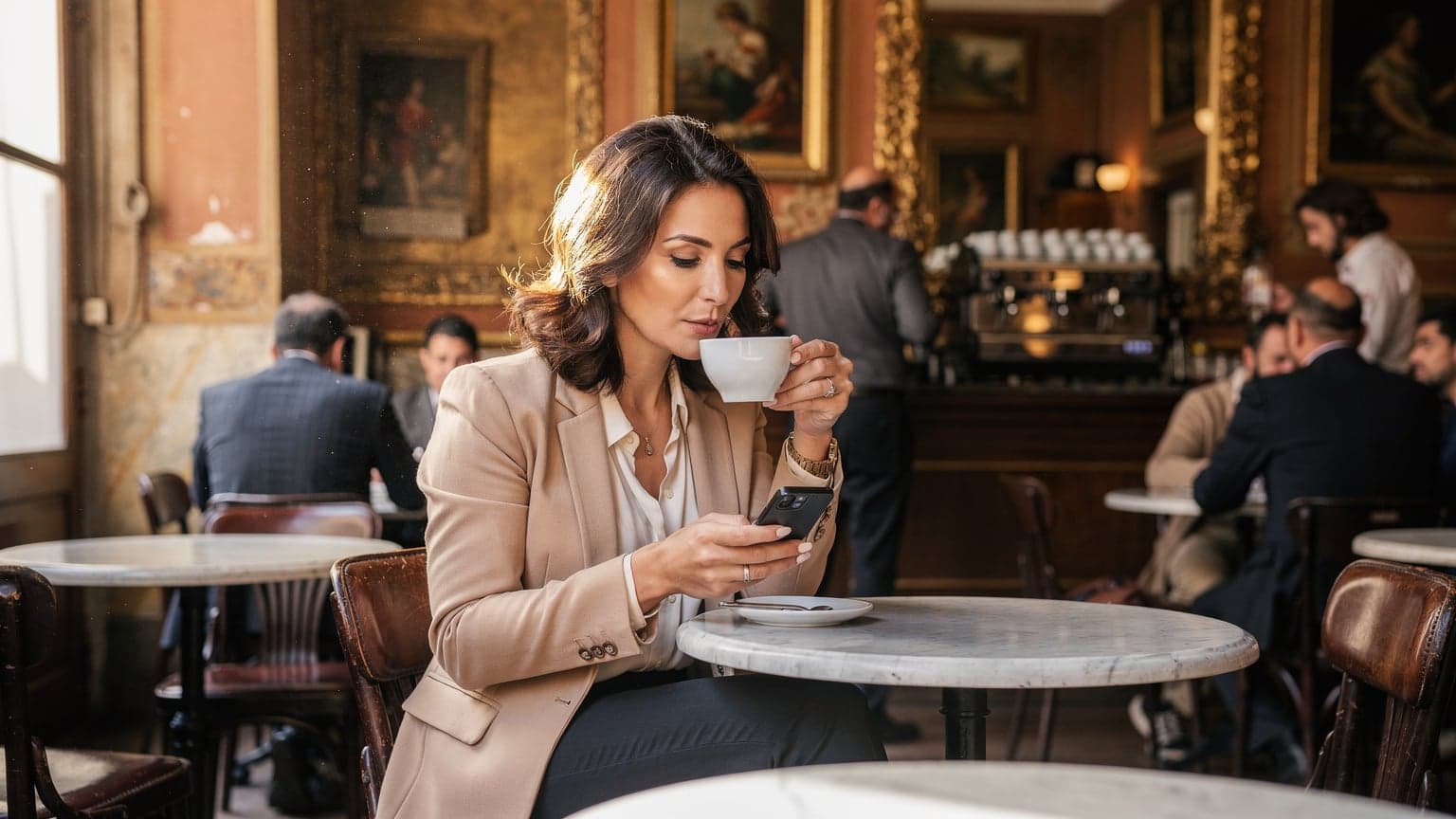 Eine Frau trinkt in einem belebten Café in Rom einen Cappuccino, während sie auf ihrem Smartphone die Nachrichten checkt.