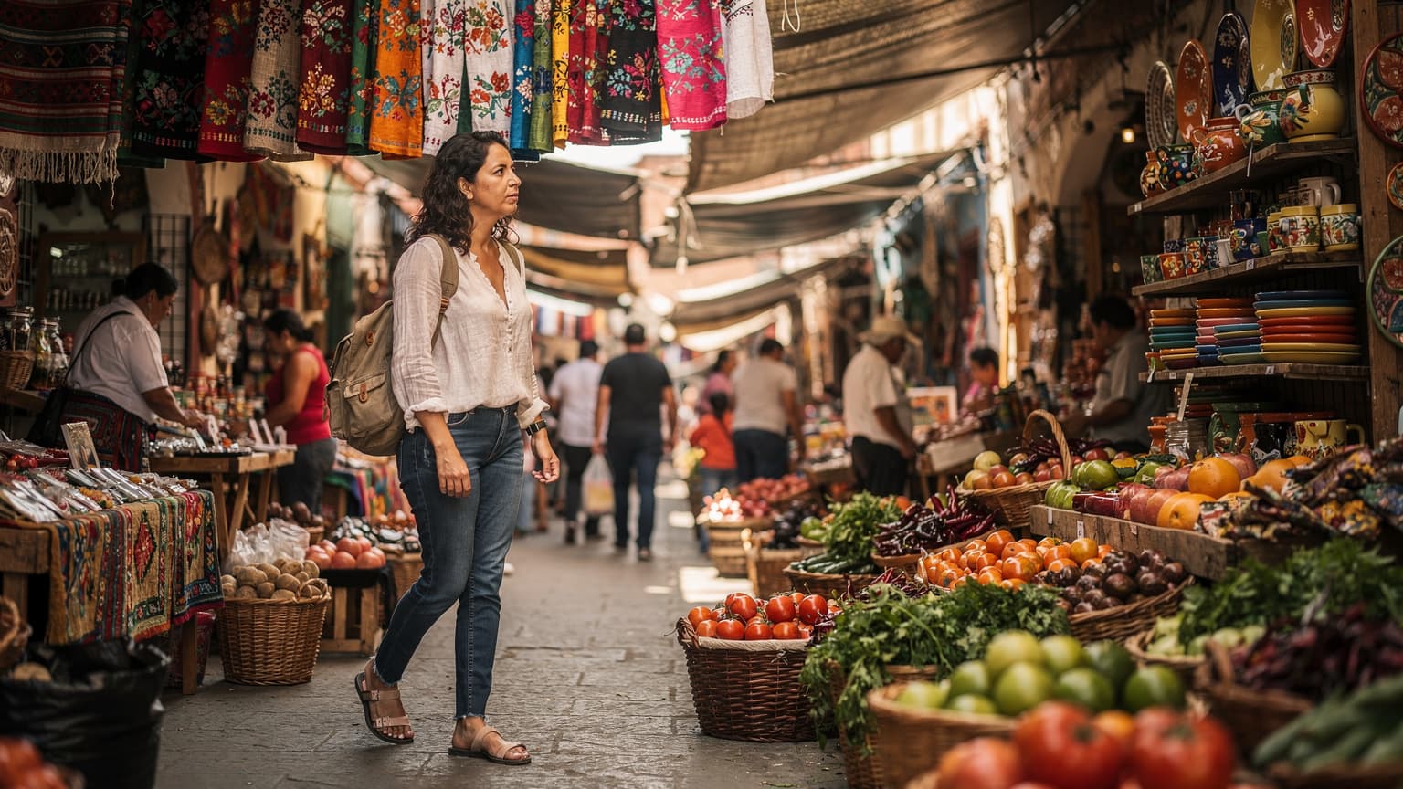 A woman confidently navigating a bustling street market in Oaxaca City, Mexico, with colorful textiles and fresh produce stalls in the background under soft morning light.