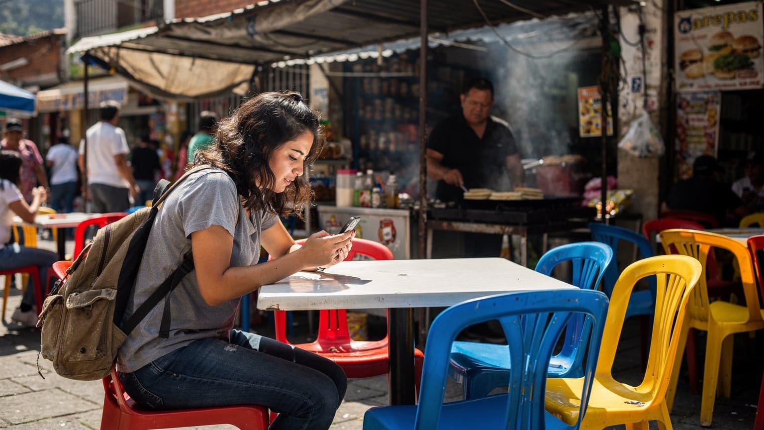 A budget backpacker on an iPhone using an eSIM for international travel, specifically in the context of AT&T service, while sitting at a bustling street food stall in Medellín, Colombia.