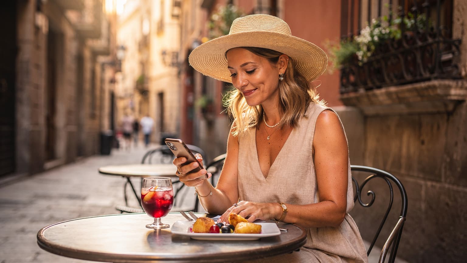 Een vrouw met een zonnehoed kijkt op haar telefoon op een zonnig terras in Barcelona, met historische gebouwen op de achtergrond en een glas sangria op tafel.