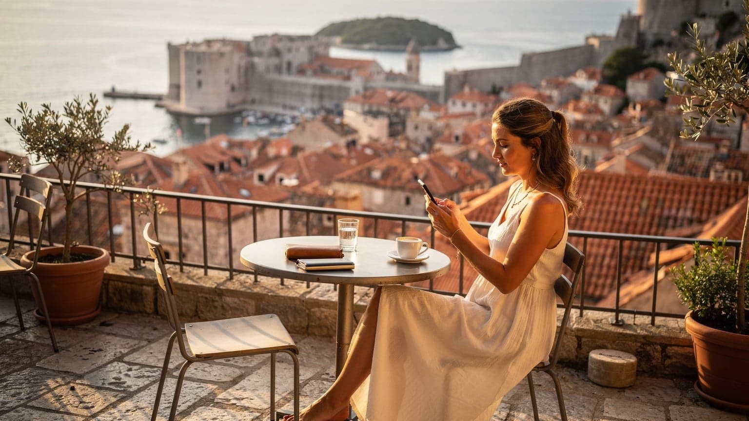Eine Frau sitzt auf einer Terrasse in Dubrovnik, Kroatien, mit Blick auf die Adria und die historische Stadt, während sie auf ihrem Smartphone die eSIM-Einstellungen überprüft.