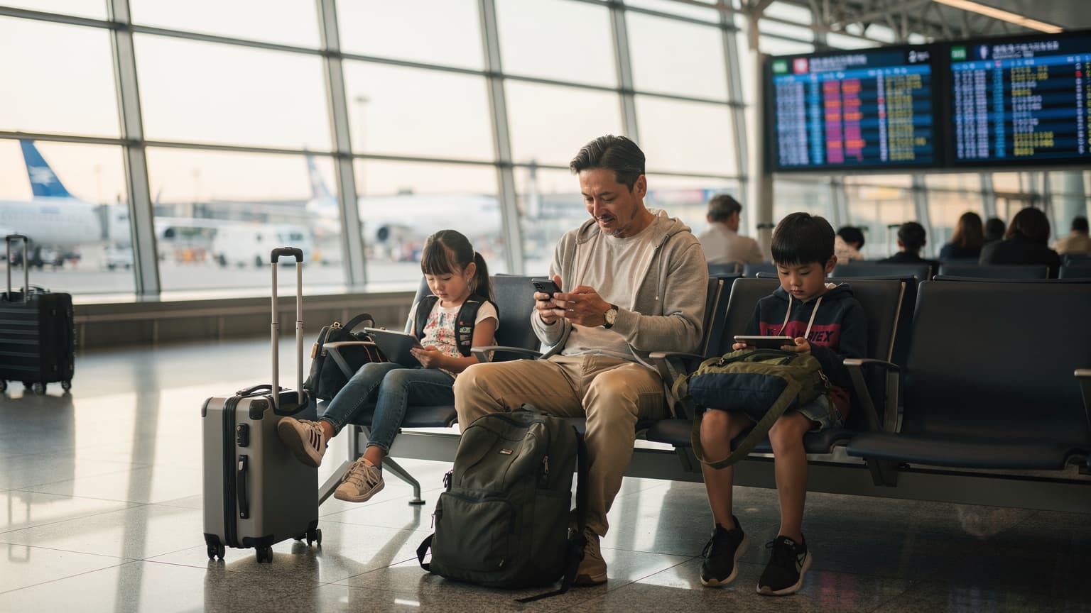 お盆休みの海外旅行で、空港の出発ロビーにあるカラフルな電光掲示板の前で、父親がスマートフォンを操作し、子供たちが隣で小さなタブレットを見ている様子。