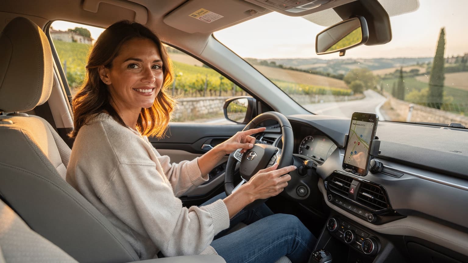En kvinna i 30-årsåldern ler och pekar på en smartphone monterad på instrumentbrädan i en bil, med en pittoresk europeisk landsväg och vingårdar i bakgrunden.