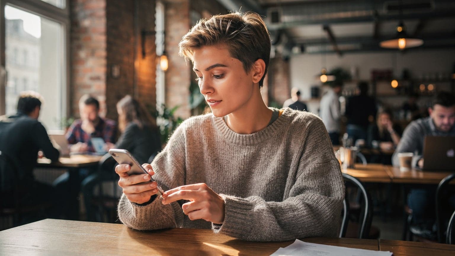 Eine junge Frau sitzt in einem Café in Berlin-Kreuzberg, blickt auf ihr Smartphone und hält eine Tasse Kaffee, während sie ihre Reise plant.