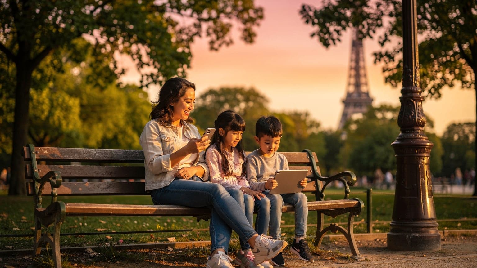 Seorang ibu tersenyum sambil memegang smartphone dan tablet yang digunakan anak-anaknya, duduk di bangku taman yang rindang di dekat Menara Eiffel Paris saat sore hari, dengan latar belakang langit oranye keemasan.