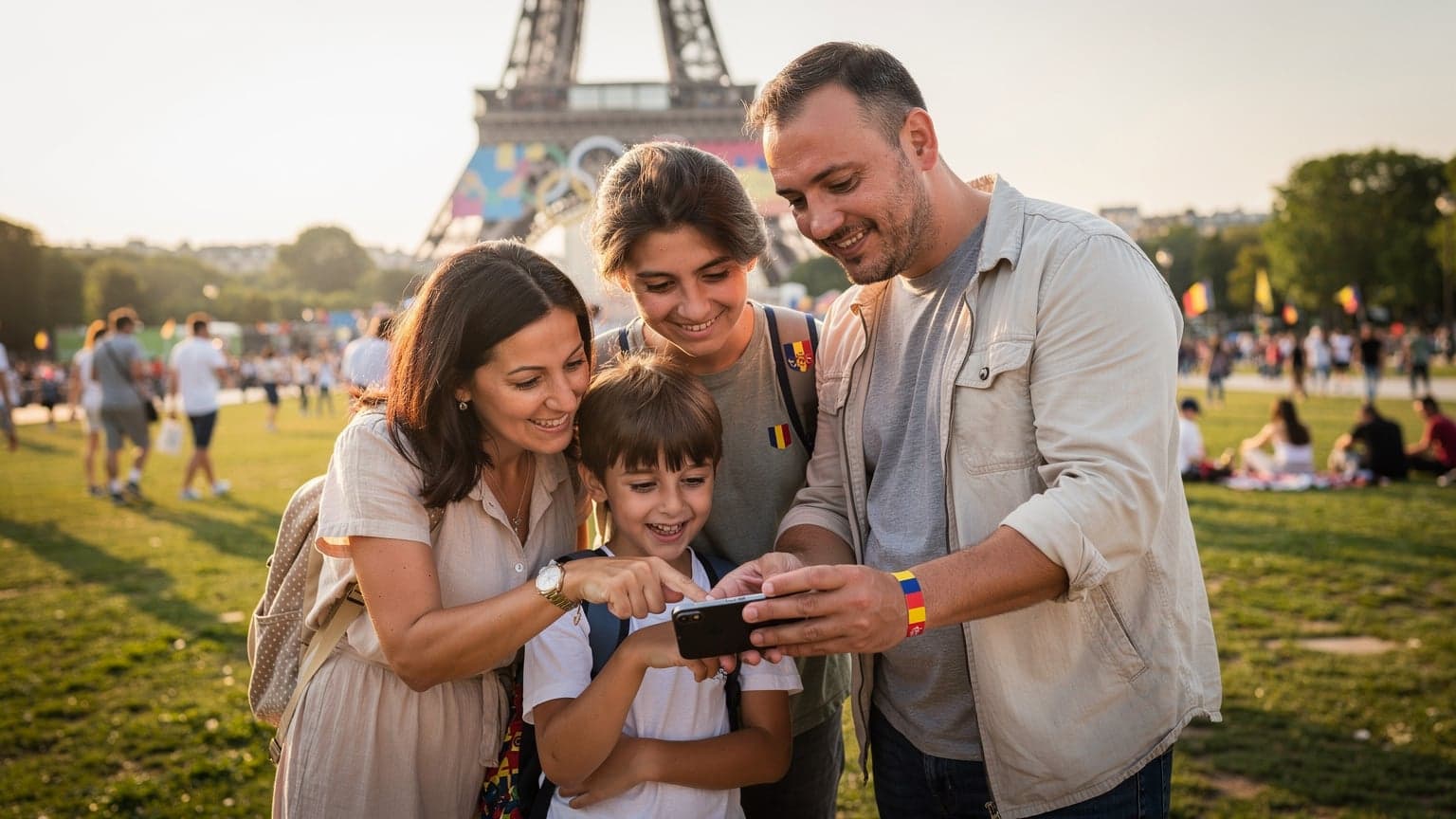 O familie zâmbitoare, părinți și doi copii, se uită la un telefon în fața Turnului Eiffel din Paris, în timpul Jocurilor Olimpice.
