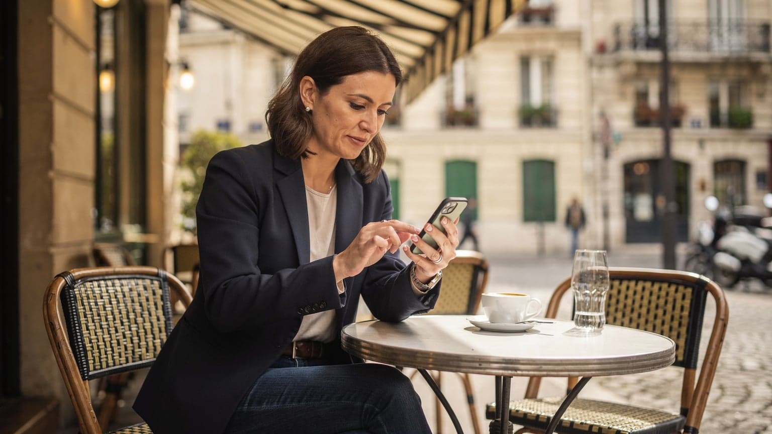 A woman uses her smartphone to check settings while sitting at a bustling outdoor cafe in the Marais district of Paris, with historic buildings in the background.