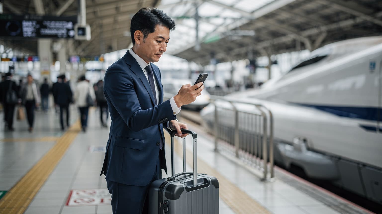 東京駅の新幹線ホームで、スーツケースを傍らにiPhoneでeSIM設定を最終確認している日本人男性の横顔。