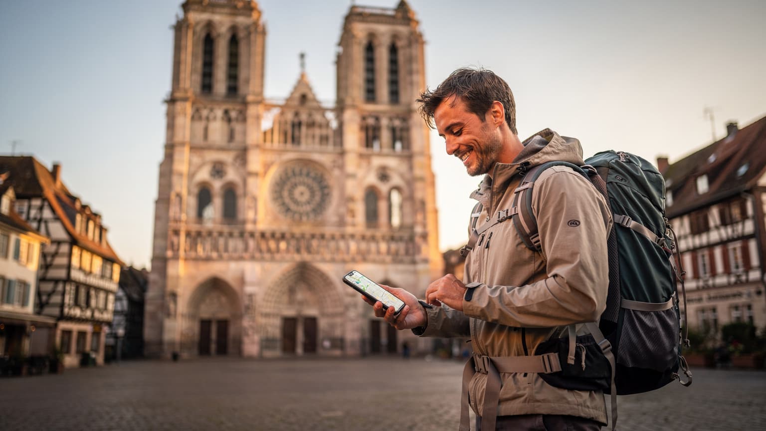 Un voyageur souriant, sac à dos, consulte son téléphone avec une eSIM active devant la cathédrale Notre-Dame de Strasbourg au lever du soleil, symbolisant une connexion fiable en déplacement.