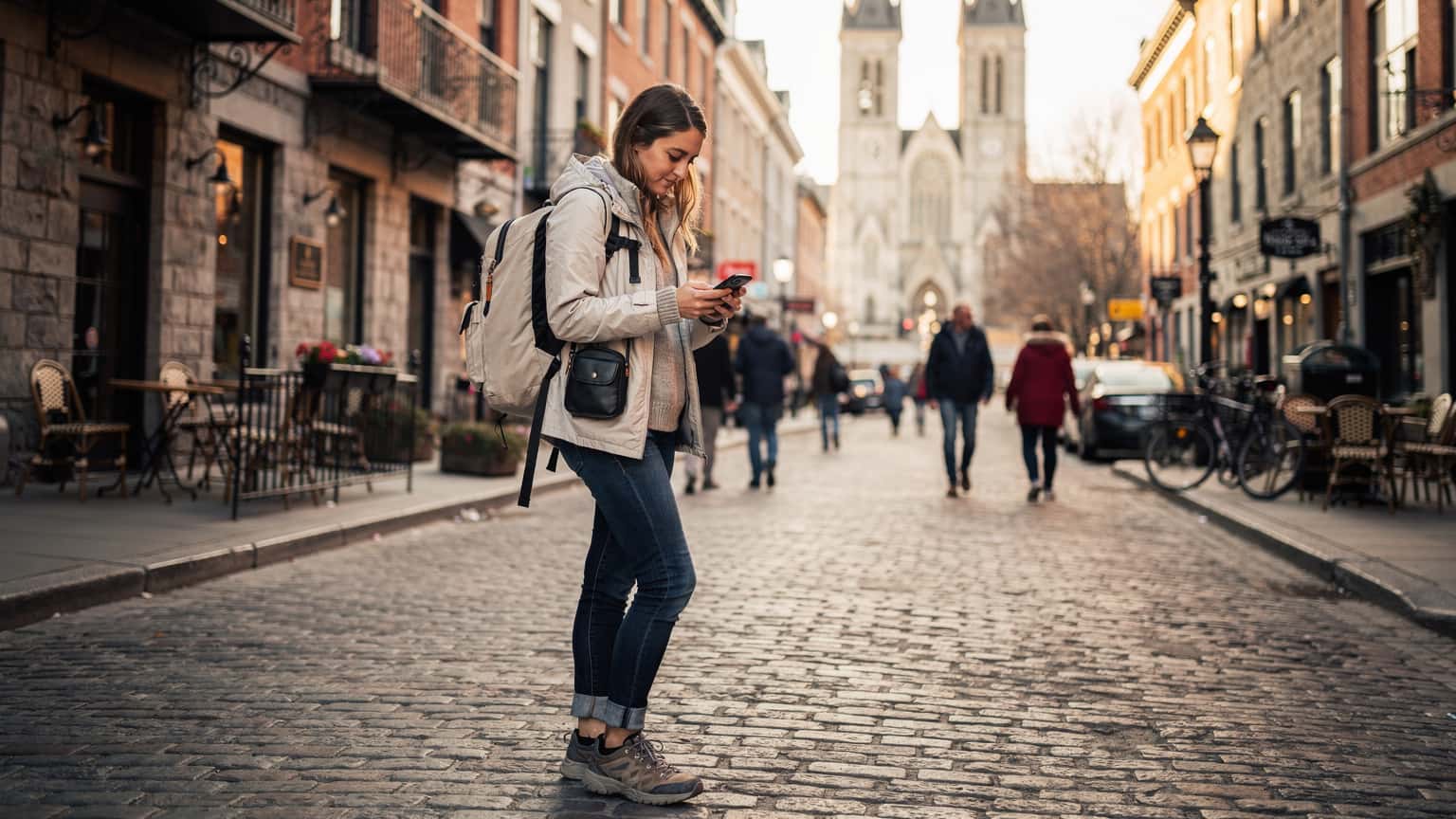Une personne naviguant sur son téléphone dans le quartier animé du Vieux-Montréal, avec les bâtiments historiques en arrière-plan et des feuilles d'automne dispersées.