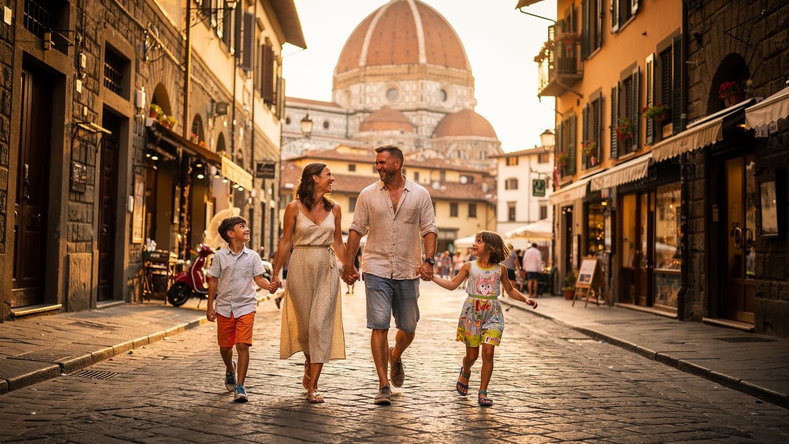 O familie zâmbitoare, părinți și doi copii, se plimbă pe o stradă pietruită din Florența, cu Domul în fundal, bucurându-se de după-amiaza însorită.