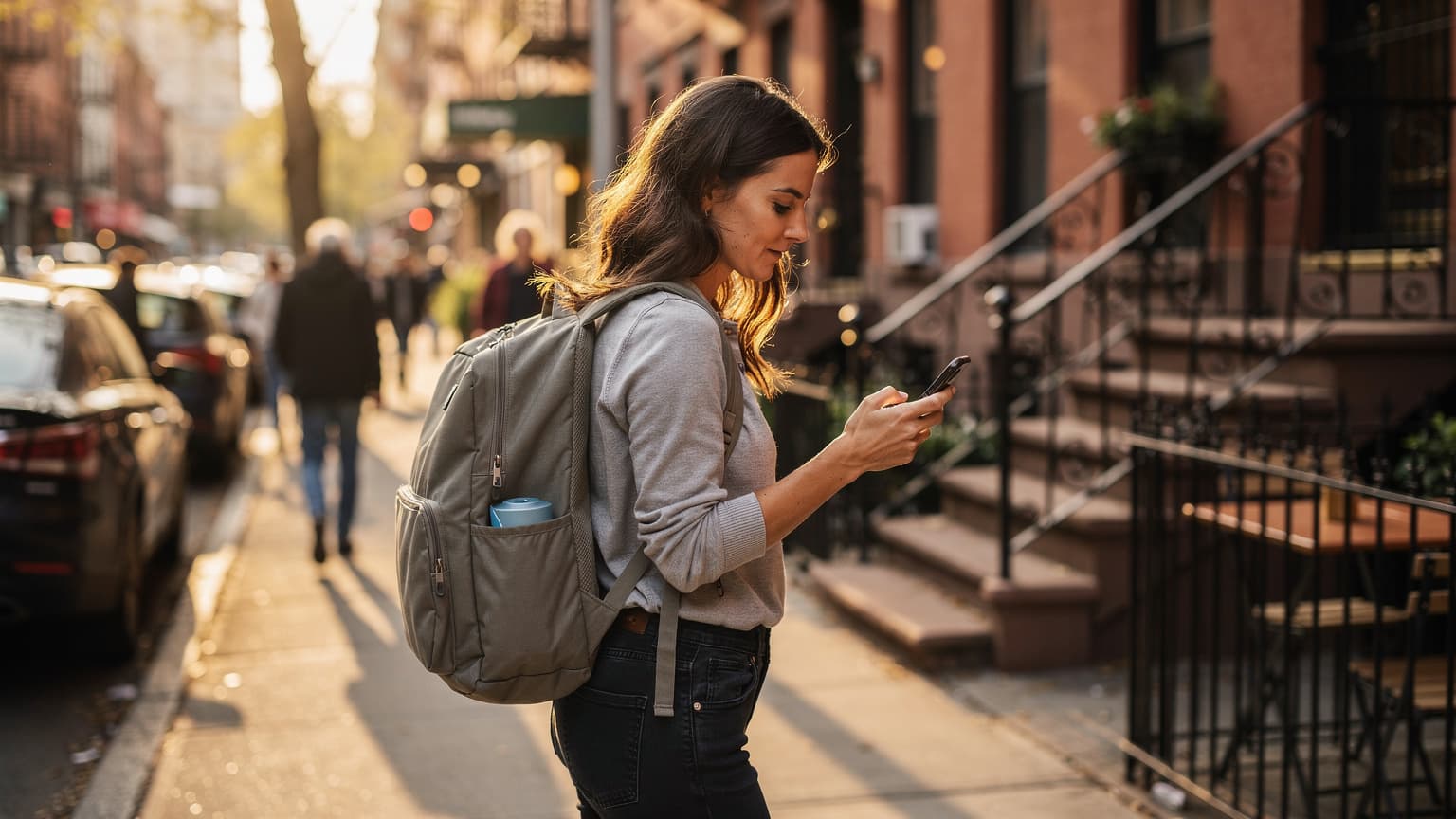 Mladá žena s batohem procházející rušnou ulicí v New Yorku, kontrolující svůj telefon s aktivní eSIM.