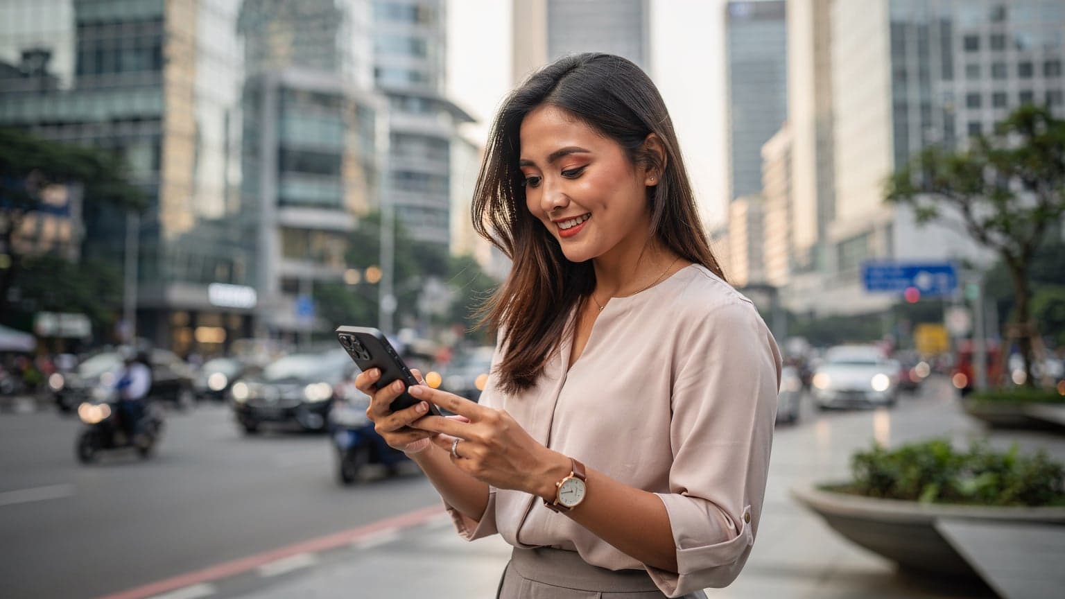Seorang wanita tersenyum memegang iPhone di tangan kanannya, dengan latar belakang pemandangan kota Jakarta yang sibuk, tepatnya di area SCBD, dengan gedung-gedung tinggi dan lalu lintas yang padat di pagi hari.