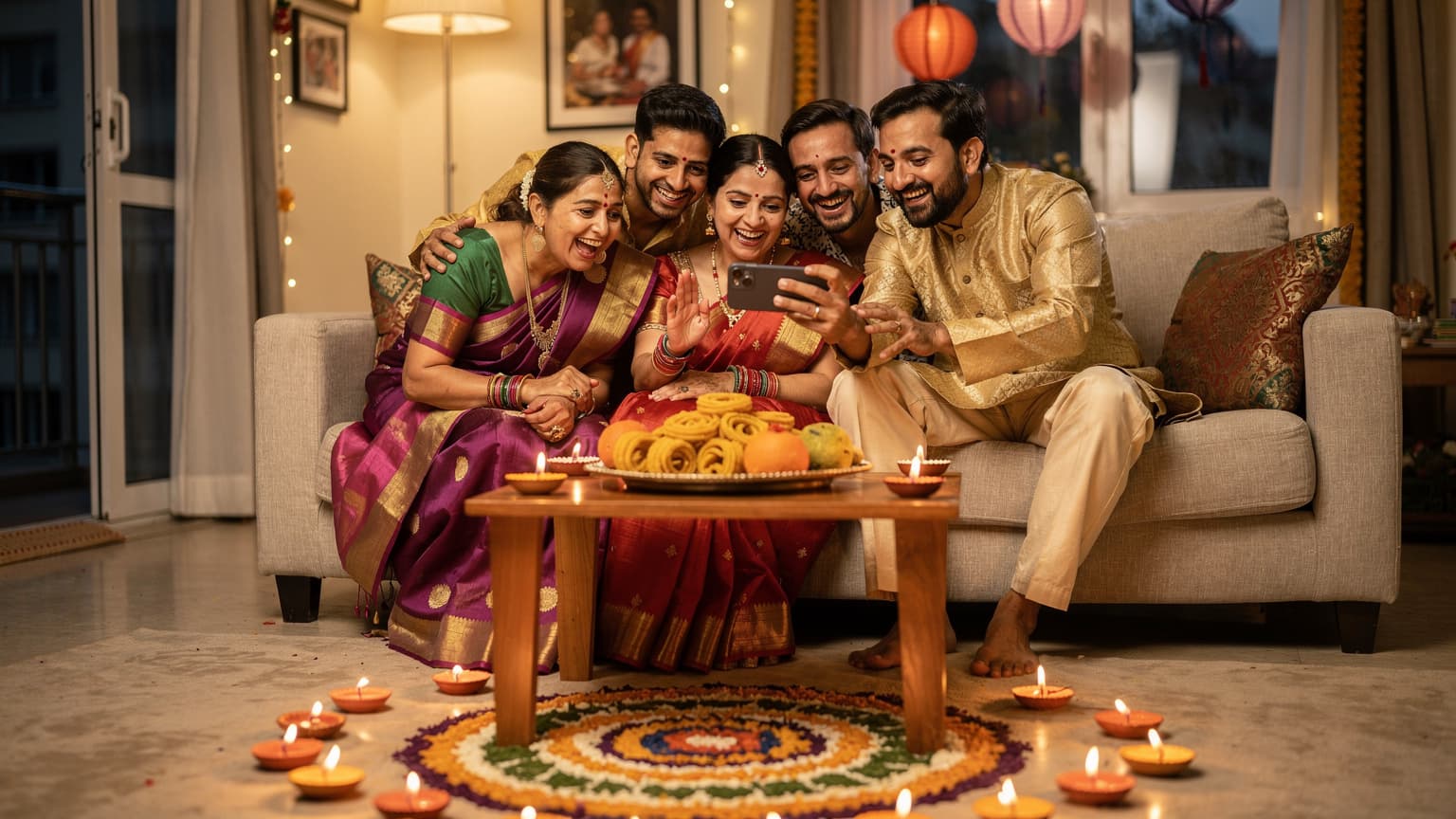 एक भारतीय परिवार वीडियो कॉल पर अपने विदेश में रह रहे रिश्तेदार के साथ दिवाली मना रहा है, जिसमें पारंपरिक मिठाइयां और दीये जल रहे हैं.