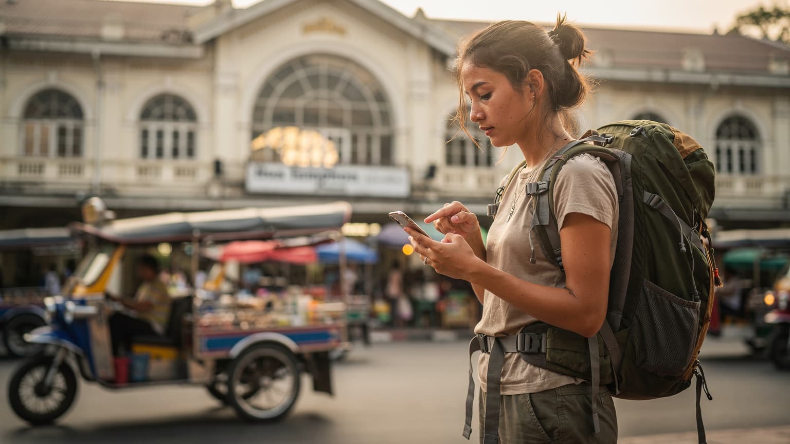 Seorang backpacker wanita muda sedang melihat telefon bimbitnya di hadapan Stesen Kereta Api Hua Lamphong di Bangkok, membandingkan harga eSIM dengan beg galas di sisinya.