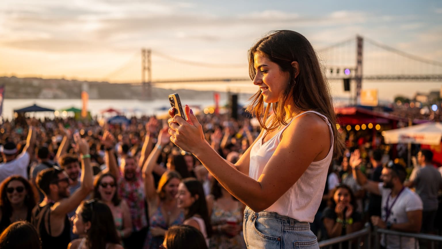 Uma jovem viajante com um iPhone 18 na mão, tirando uma foto vibrante de um concerto de verão ao ar livre em Lisboa ao pôr do sol, com a Ponte 25 de Abril ao fundo.
