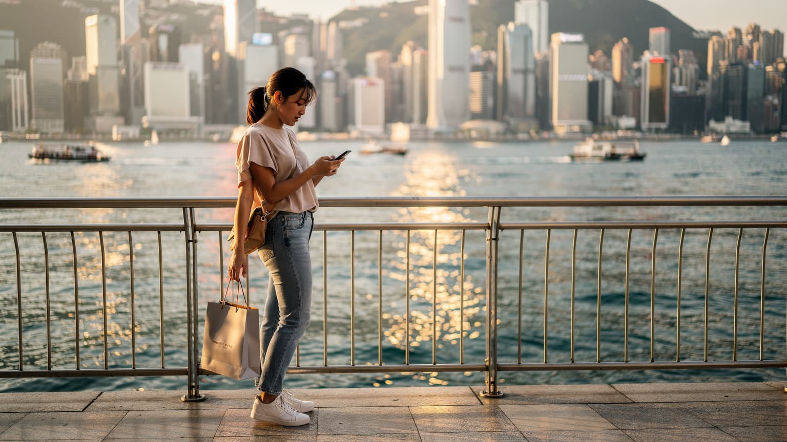 一位中國旅客在香港維多利亞港邊,一手拿著手機查看eSIM設定,另一手提著免稅店購物袋,背景是繁忙的城市天際線。