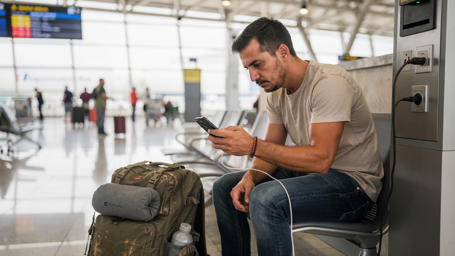 Un viajero revisa su iPhone 15, mostrando la pantalla con información de conectividad, mientras espera en la terminal de llegadas del aeropuerto de El Dorado en Bogotá, Colombia. Su mochila está a sus pies, y se ven detalles de la arquitectura moderna del aeropuerto de fondo.