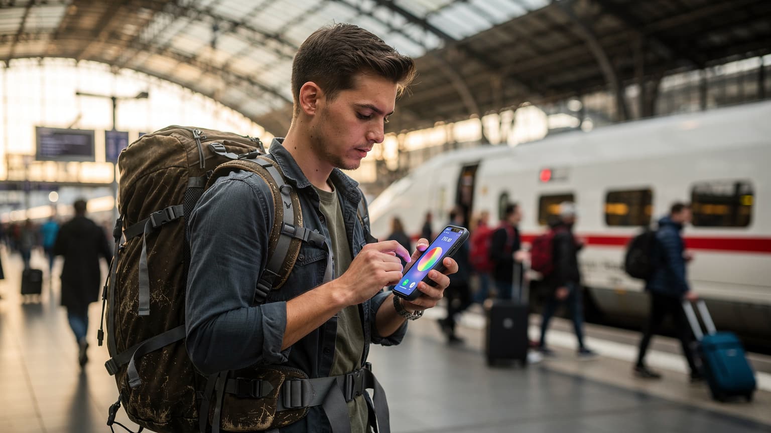 Ein junger Backpacker mit abgenutztem Rucksack checkt sein Smartphone mit einer eSIM-App auf dem belebten Bahnsteig des Hauptbahnhofs Berlin, um die Verbindung vor der Zugfahrt nach Prag zu prüfen.