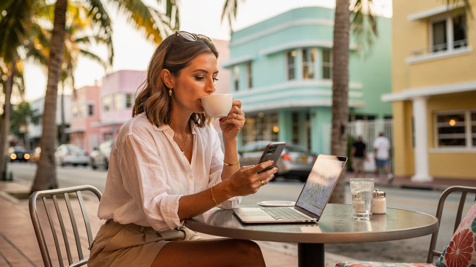 Una donna seduta a un tavolino esterno di un caffè a South Beach, Miami, con un laptop aperto e uno smartphone, sorseggia un caffè mentre consulta una mappa digitale.