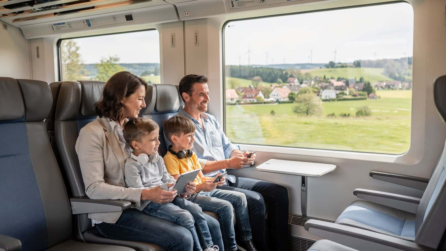 Eine Familie, bestehend aus zwei Erwachsenen und zwei Kindern, sitzt in einem modernen ICE-Zug in Deutschland und schaut aus dem Fenster, während sie ihre Smartphones und Tablets nutzen.