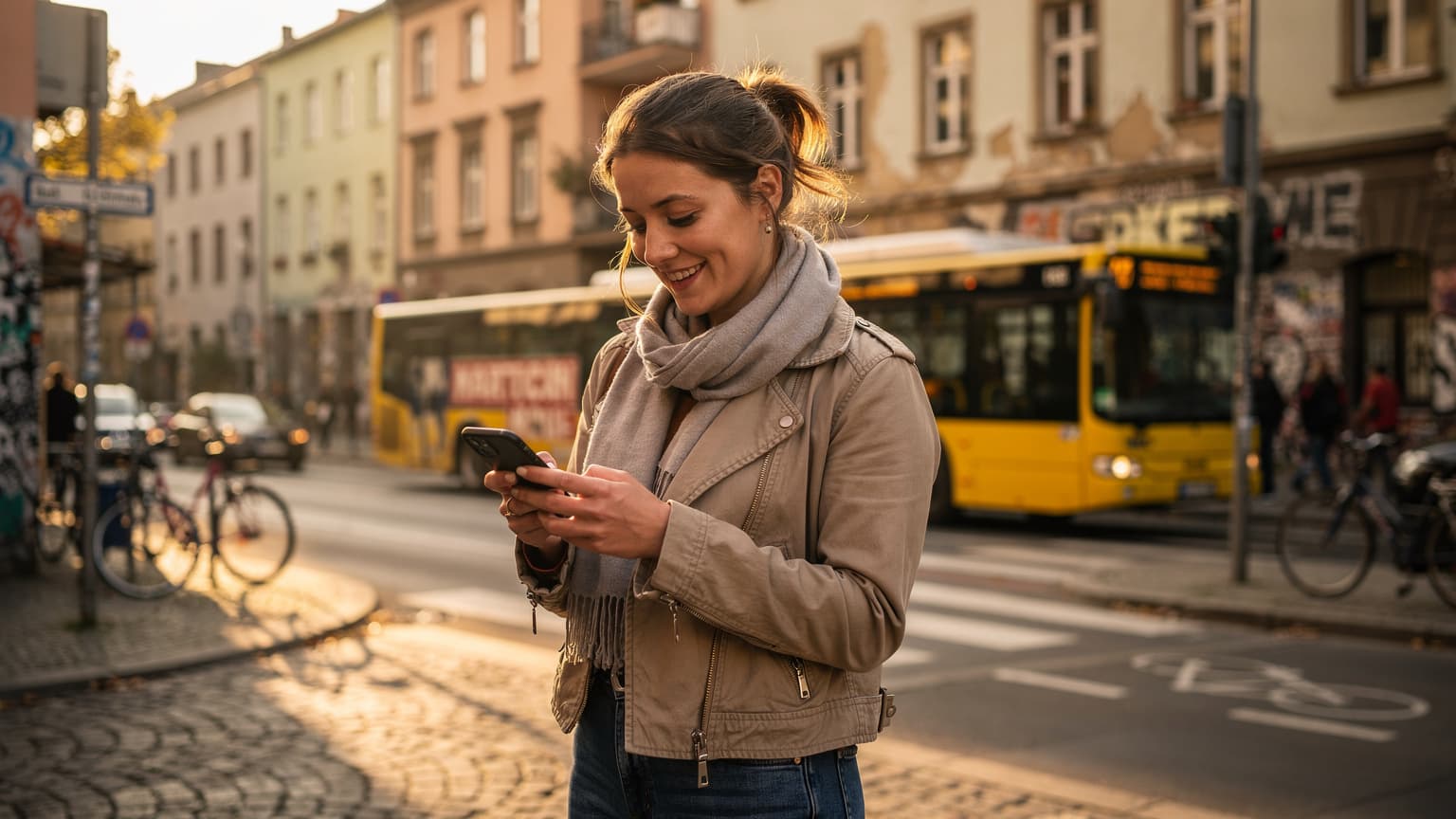 Eine junge Frau in einer lebhaften Straßenszene in Berlin-Kreuzberg, die ihr Smartphone in der Hand hält und lächelt, während sie eine eSIM aktiviert.