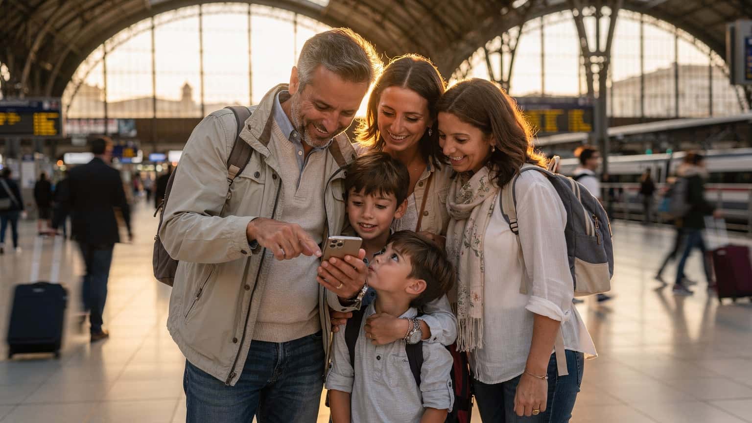 Una familia, dos adultos y dos niños, consultando un mapa digital en un teléfono mientras esperan el tren en una estación moderna de Europa, con mochilas y risas.
