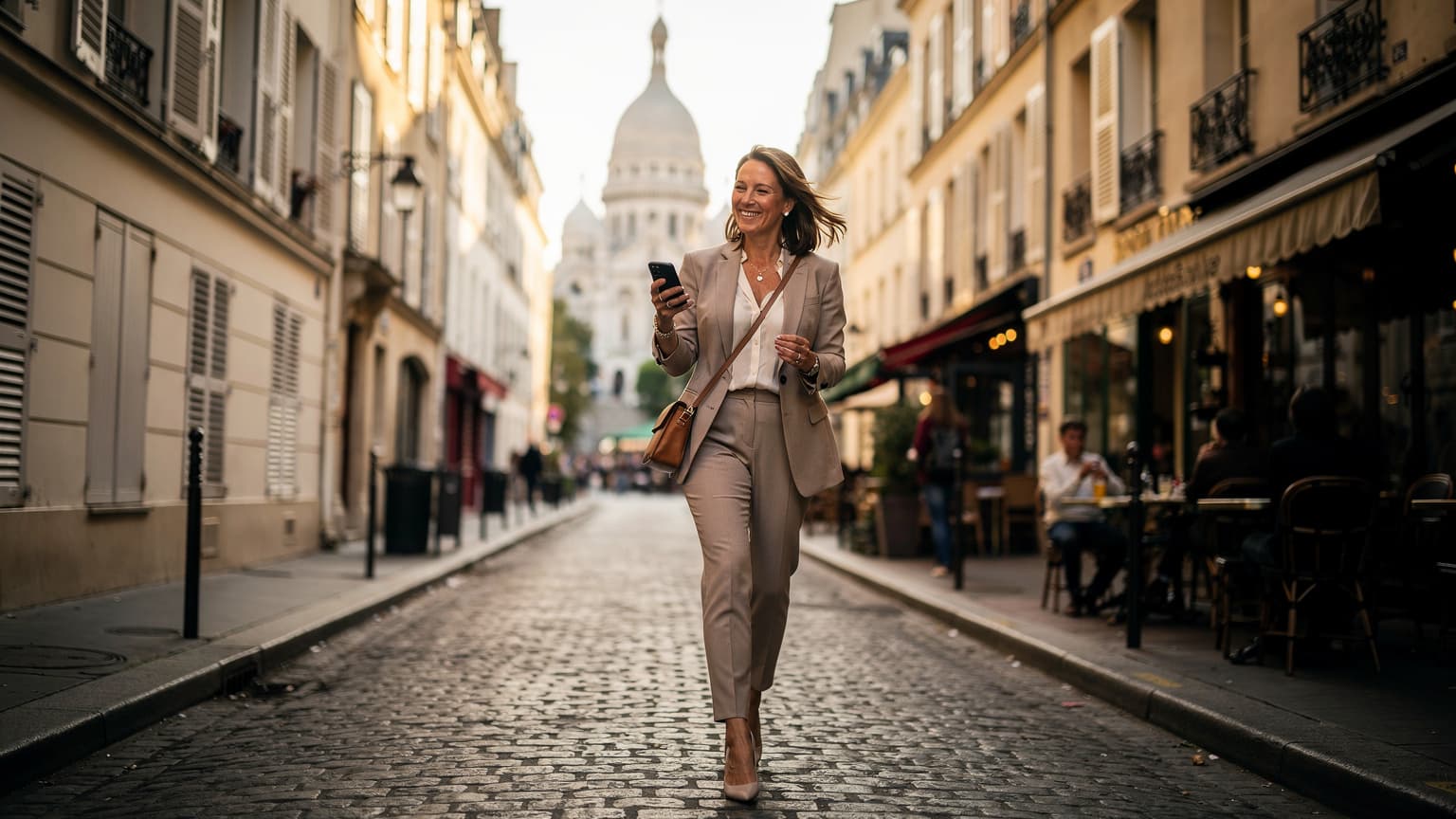 O femeie zâmbitoare, cu un telefon mobil în mână, verificând harta pe o stradă pietonală vibrantă din cartierul Montmartre, Paris, cu Sacré-Cœur vizibilă în fundal.
