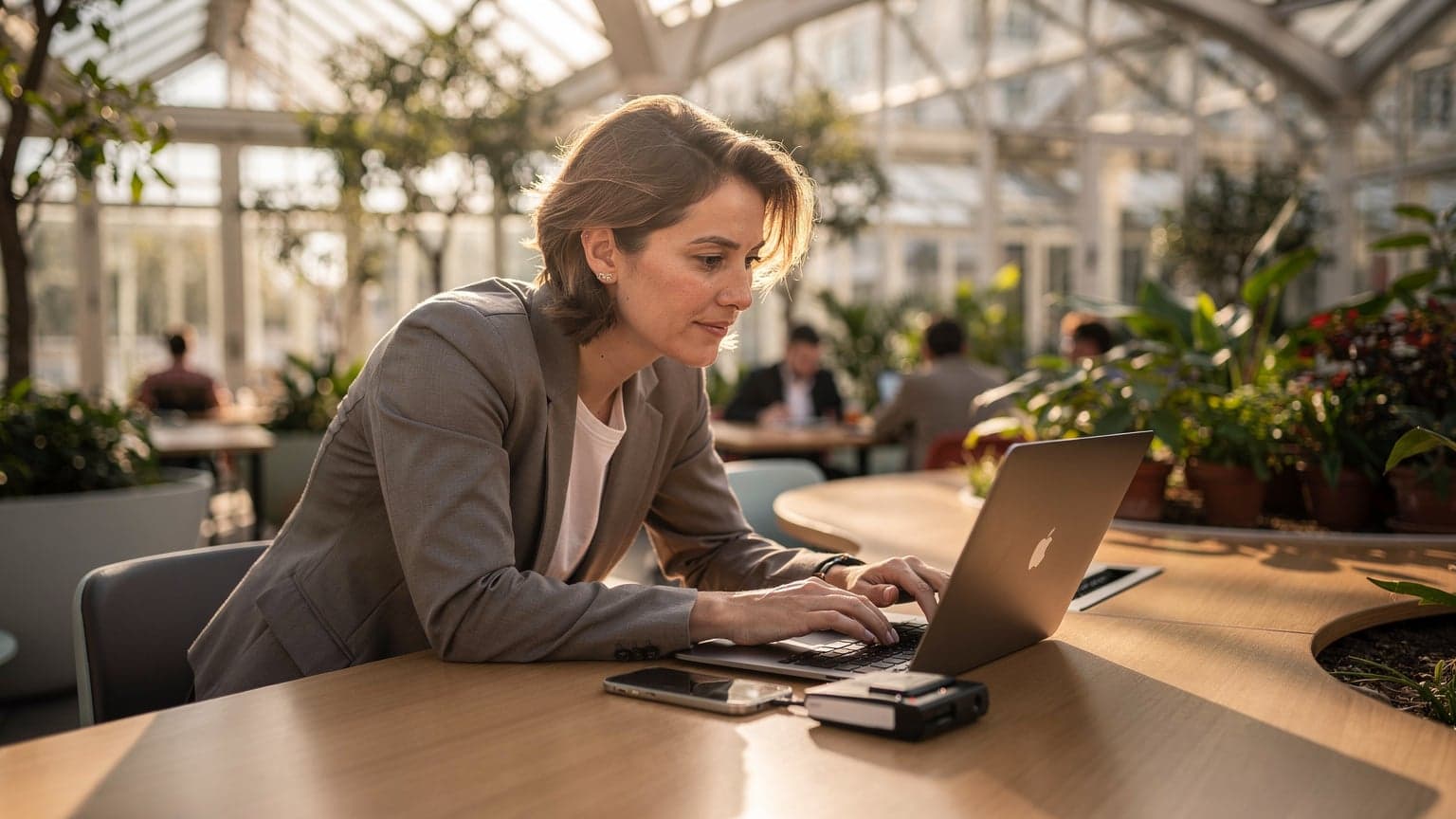 A woman sits in a bustling co-working space in Lisbon, Portugal, focused on her laptop with a smartphone displaying an eSIM profile next to her coffee.