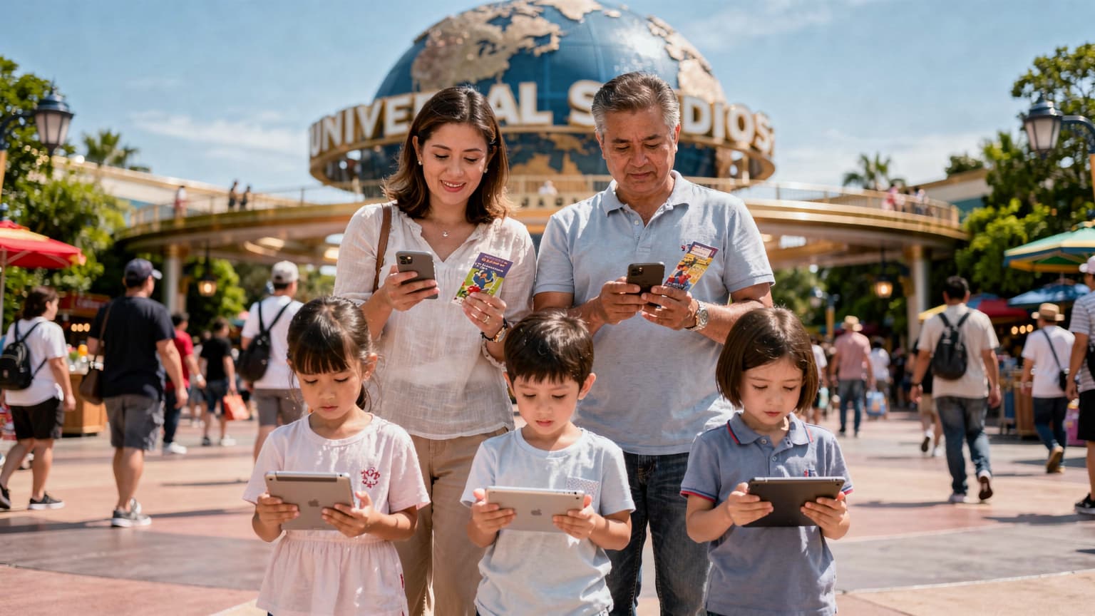 ครอบครัวชาวไทยกำลังเดินผ่านประตูทางเข้าสวนสนุก Universal Studios Japan ในช่วงบ่ายที่สดใส เด็กๆ สองคนกำลังมองแท็บเล็ตขณะที่พ่อแม่กำลังจัดการตั๋วและโทรศัพท์มือถือ