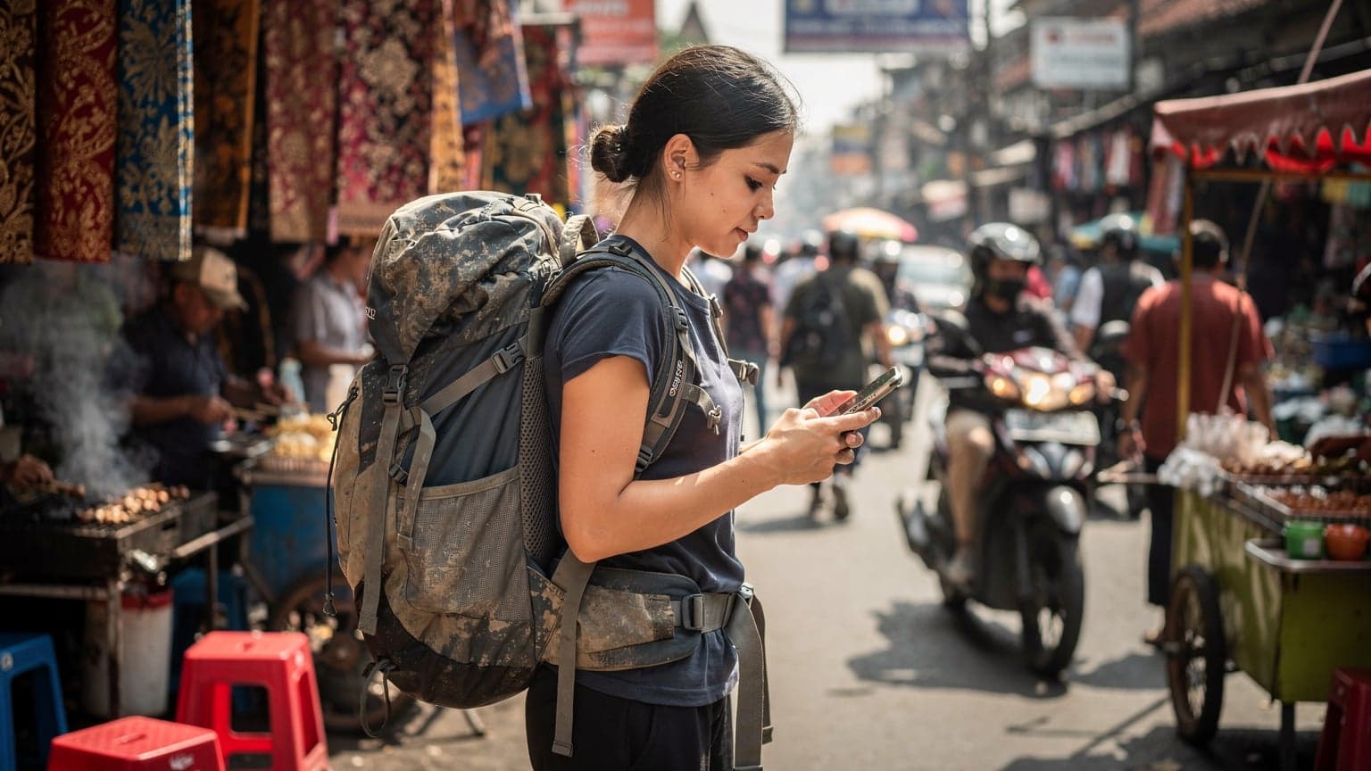 A backpacker standing on a busy street in Yogyakarta, Indonesia, looking at their phone with a determined expression, surrounded by local market stalls and motorbikes.