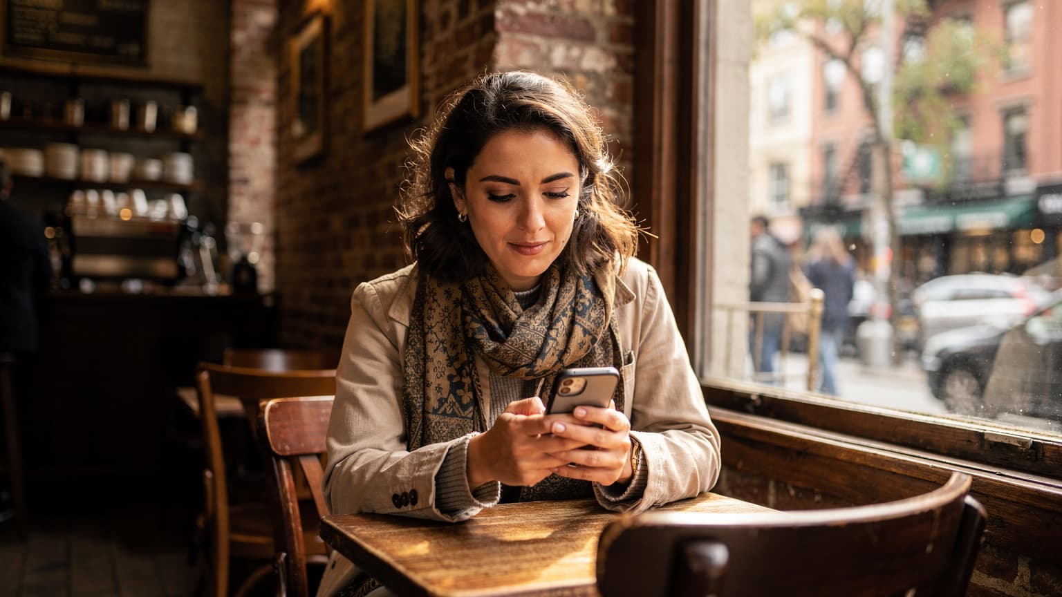 Una viaggiatrice italiana consulta il suo smartphone con un'eSIM attiva mentre si trova in un caffè accogliente nel quartiere di Greenwich Village a New York, con un'atmosfera vibrante e gente che passeggia fuori dalla finestra.