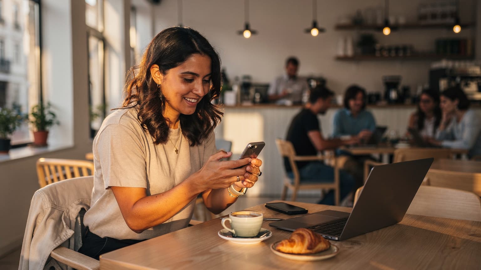 Uma mulher sorridente, com cabelo cacheado e pele morena, sentada em uma cafeteria moderna em Lisboa, Portugal, olhando para seu smartphone com um copo de café ao lado, enquanto a luz dourada do fim da tarde entra pela janela grande.