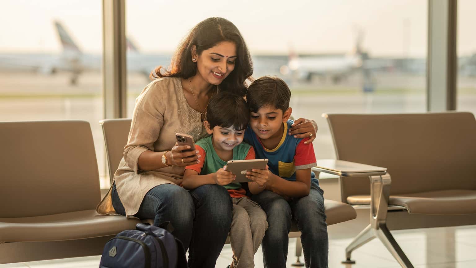 दुबई इंटरनेशनल एयरपोर्ट पर एक भारतीय परिवार अपने आईफोन में ईसिम सक्रिय कर रहा है, बच्चे एक टैबलेट पर व्यस्त हैं।