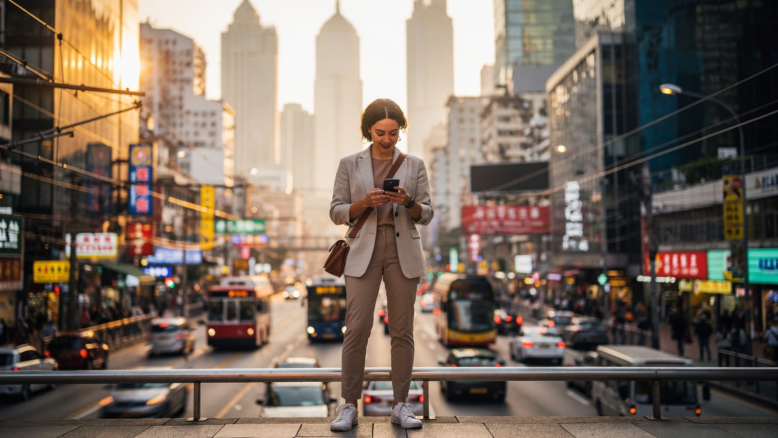 A photorealistic hero image for a travel/tech magazine, featuring a confident traveler looking at a smartphone on a bustling Hong Kong street during golden hour, with iconic modern skyscrapers in the background, symbolizing effortless urban exploration and global connectivity.