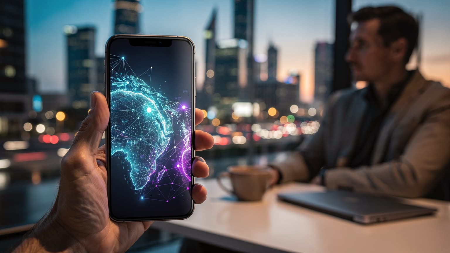 A photorealistic image for a tech magazine. A hand holds a smartphone displaying an abstract digital network, with a blurred background of a traveler in a modern cafe overlooking a futuristic city at twilight, symbolizing global eSIM connectivity.