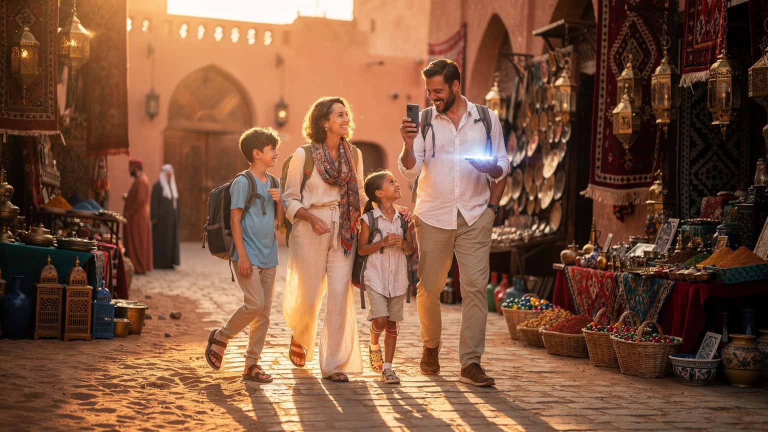 A photorealistic editorial hero image showing a happy family of four (parents and two children) enjoying a trip in Morocco. They are in a vibrant Moroccan setting, possibly a souk or desert, with traditional architecture and warm golden hour light. One parent is subtly holding a modern smartphone, symbolizing easy data connectivity. The family appears relaxed and joyful, representing seamless travel and communication without roaming issues.