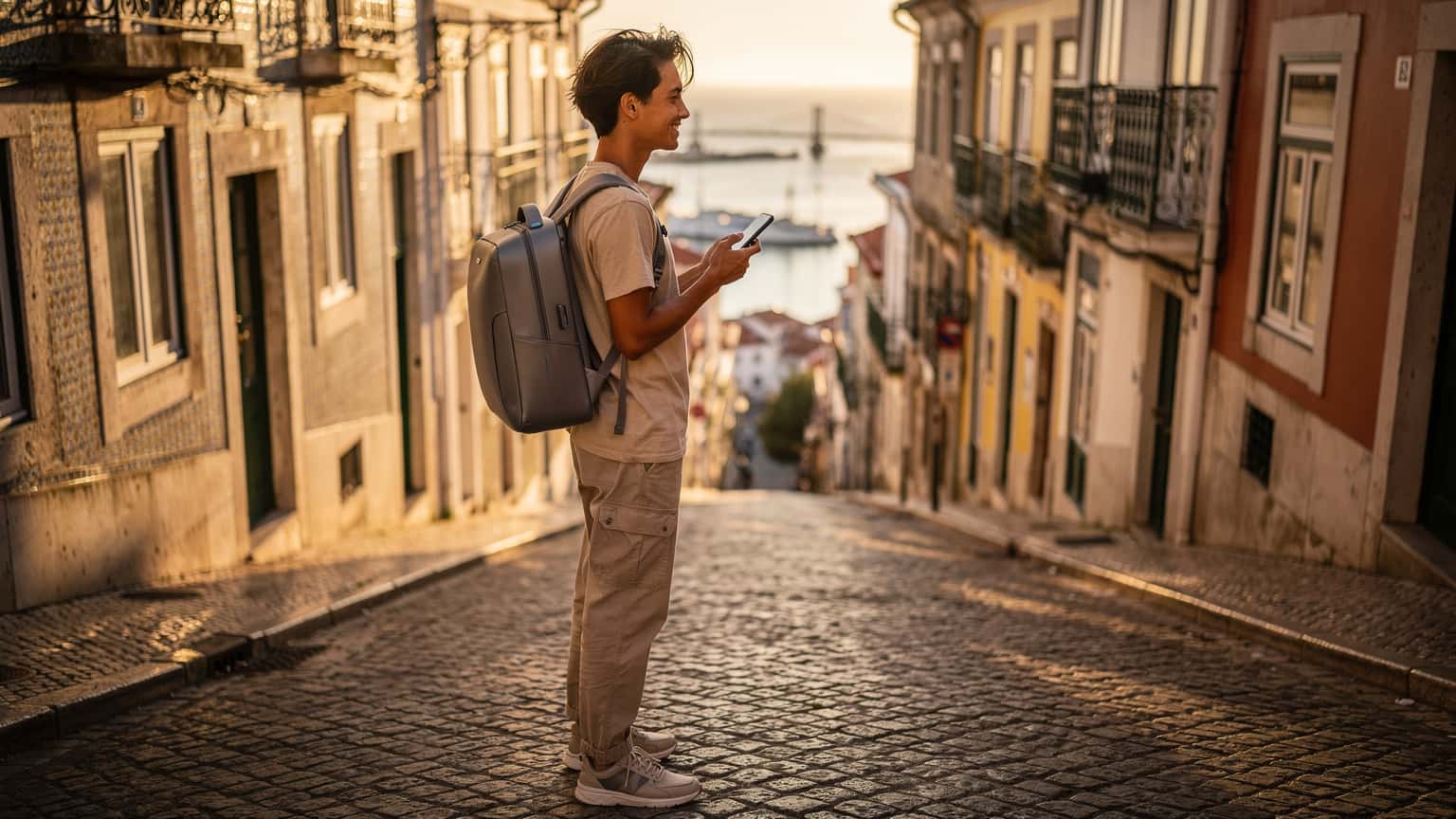 A young, diverse backpacker stands on a sunlit, historic street in a Portuguese city, holding a smartphone and looking at its screen. Behind them are charming old buildings and a scenic vista. The image conveys modern, tech-enabled travel and exploration in Portugal.