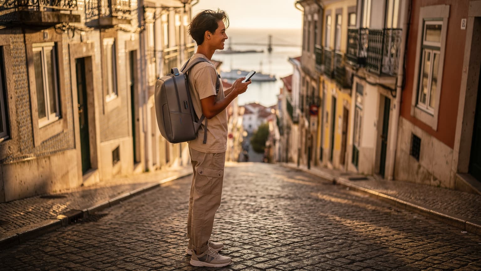 A young, diverse backpacker stands on a sunlit, historic street in a Portuguese city, holding a smartphone and looking at its screen. Behind them are charming old buildings and a scenic vista. The image conveys modern, tech-enabled travel and exploration in Portugal.