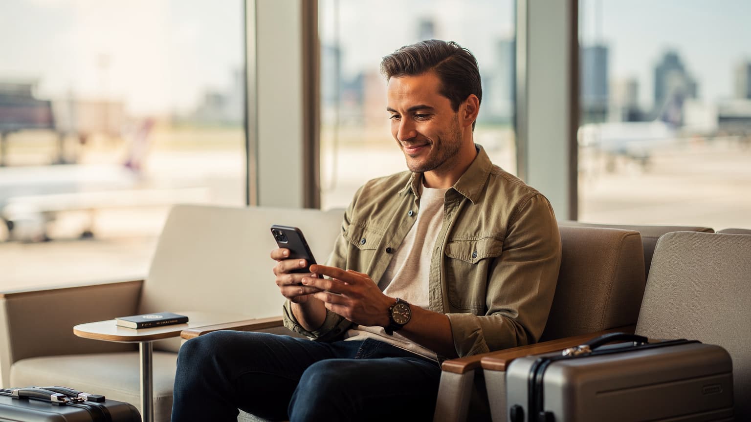 A smart traveler uses an iPhone for eSIM transfer in a modern airport setting, symbolizing easy global connectivity.