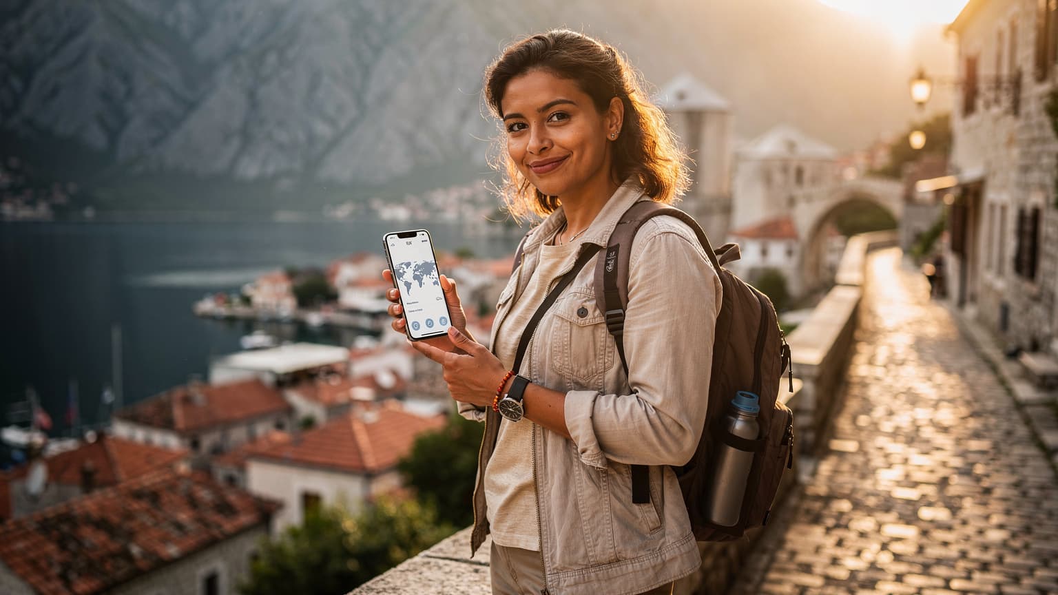 A modern traveler looks at their smartphone on a scenic Balkan overlook, representing seamless connectivity and freedom in travel.
