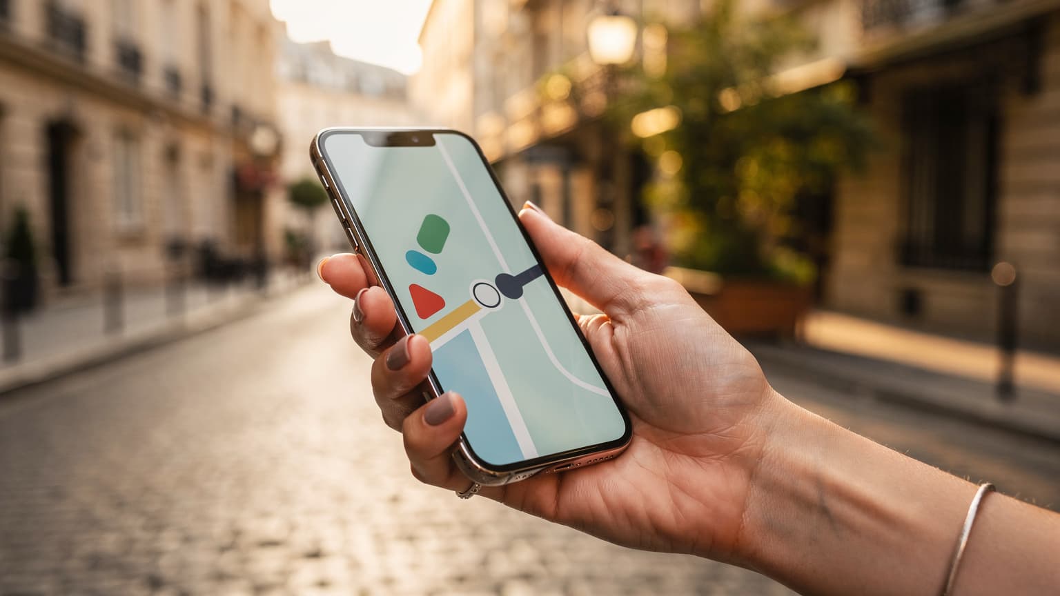 A hand holding an iPhone 17 against a blurred backdrop of a picturesque European city street, conveying seamless international travel.