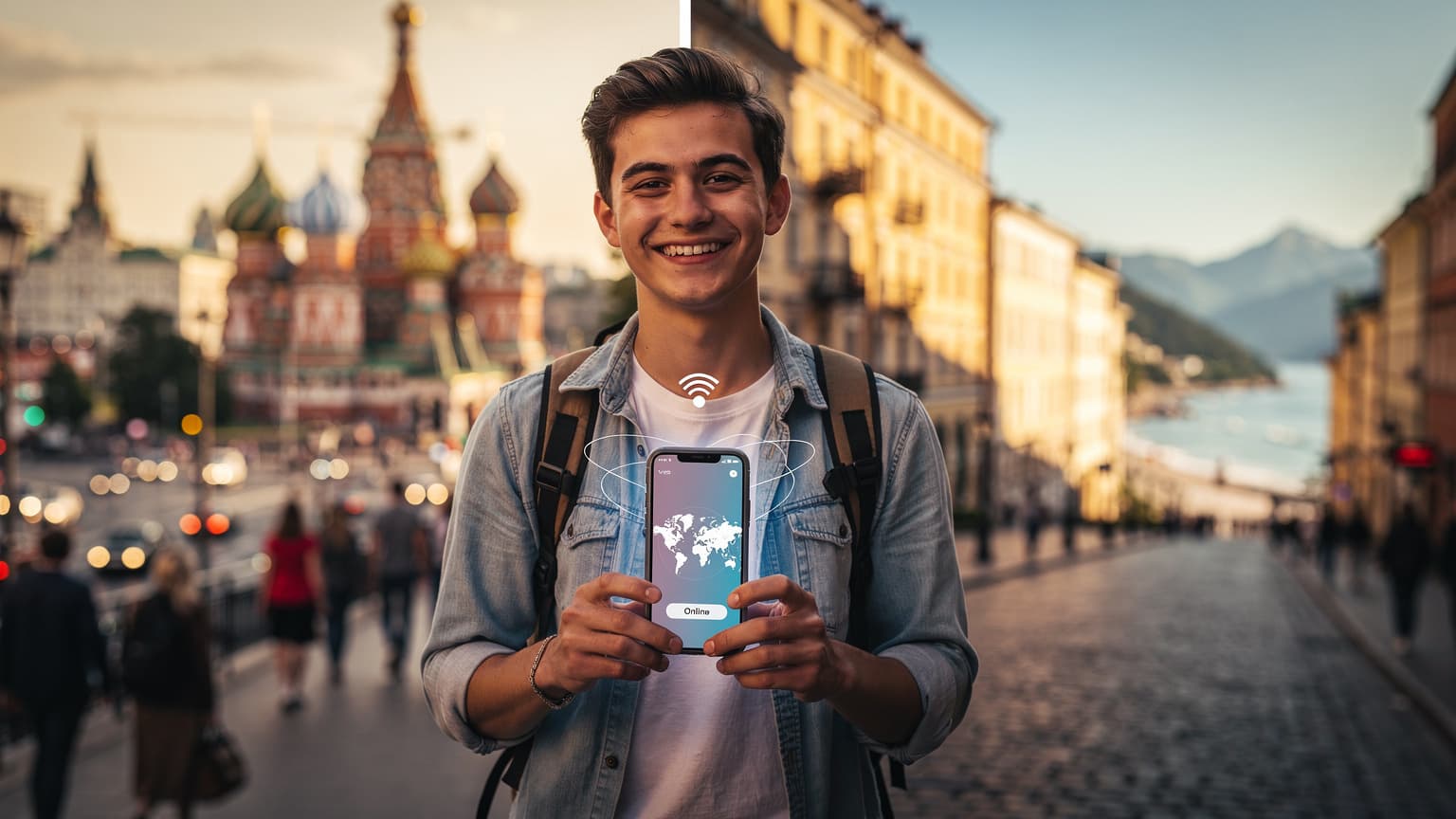 A young traveler using a smartphone with iconic Russian and international landmarks in the background, symbolizing global connectivity during school holidays.